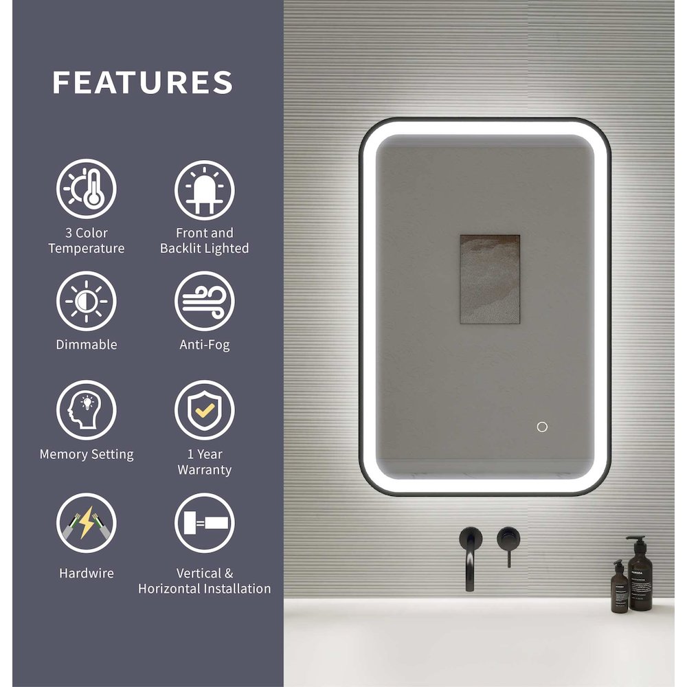 30 Inch Rectangle LED Front and Backlit Wall Mirror in Black