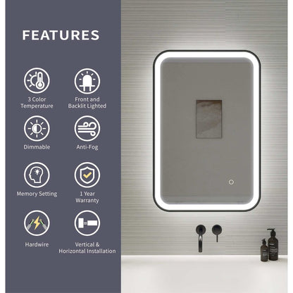 30 Inch Rectangle LED Front and Backlit Wall Mirror in Black