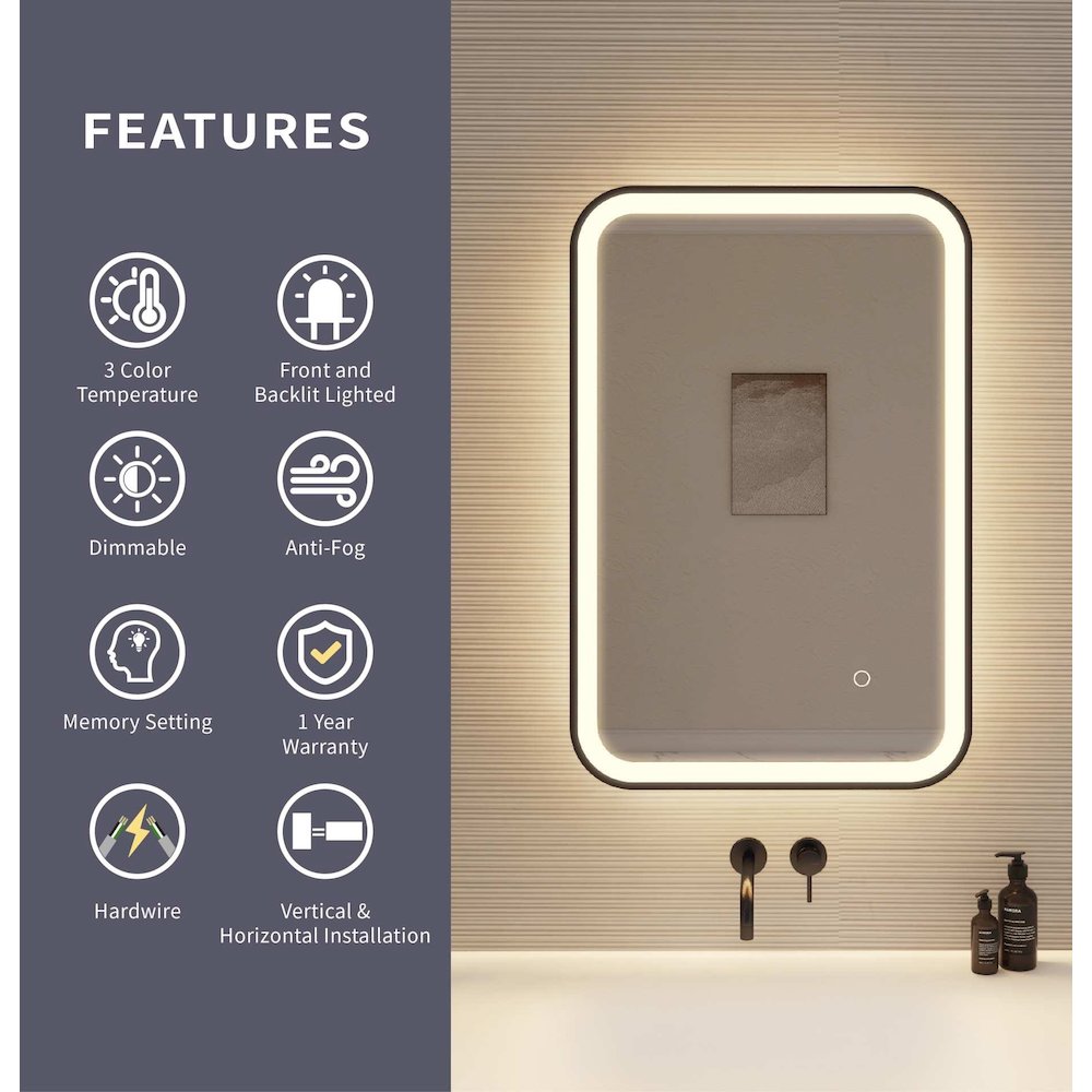 30 Inch Rectangle LED Front and Backlit Wall Mirror in Black