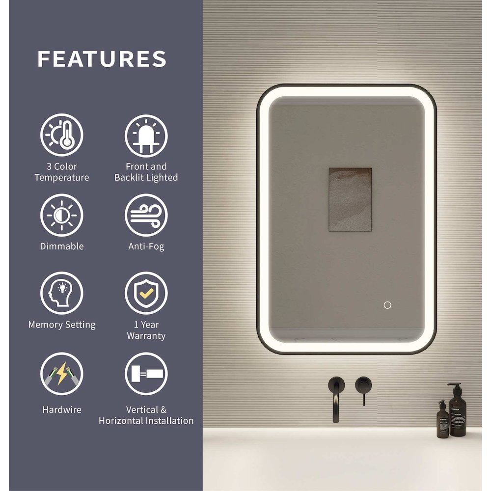 30 Inch Rectangle LED Front and Backlit Wall Mirror in Black