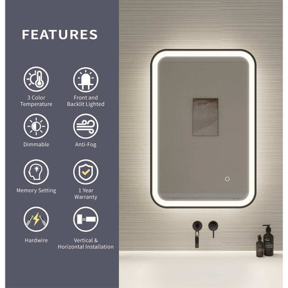 30 Inch Rectangle LED Front and Backlit Wall Mirror in Black