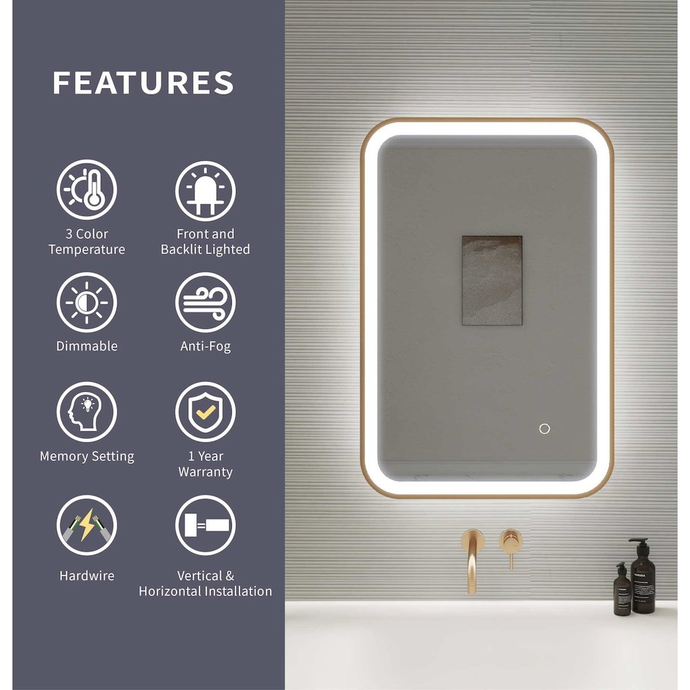 30 Inch Rectangle LED Front and Backlit Wall Mirror in Satin Gold