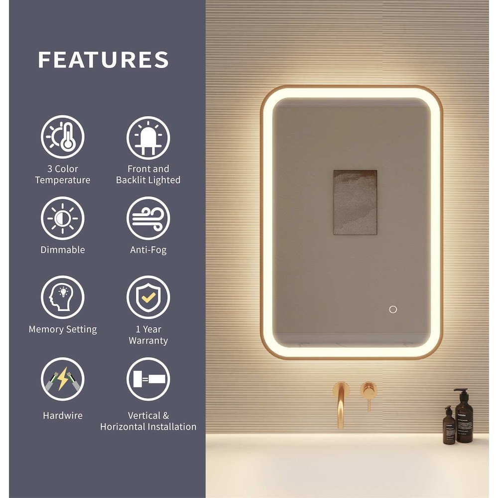 30 Inch Rectangle LED Front and Backlit Wall Mirror in Satin Gold