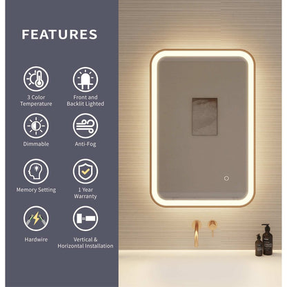 30 Inch Rectangle LED Front and Backlit Wall Mirror in Satin Gold