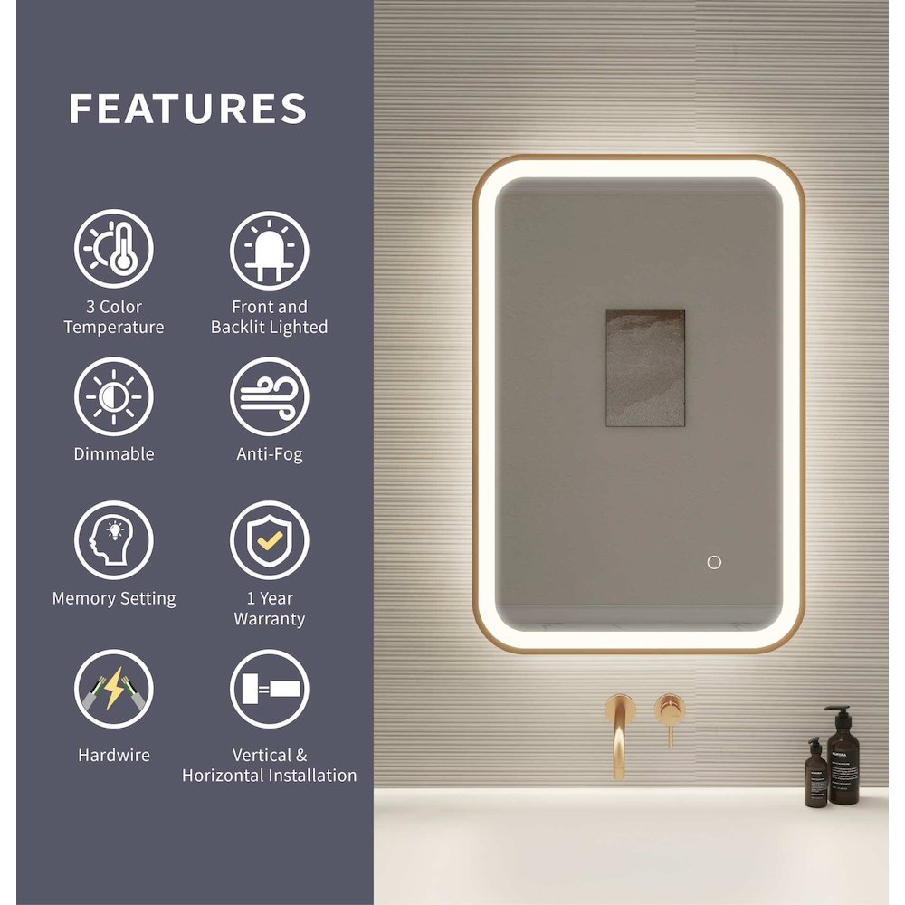 30 Inch Rectangle LED Front and Backlit Wall Mirror in Satin Gold