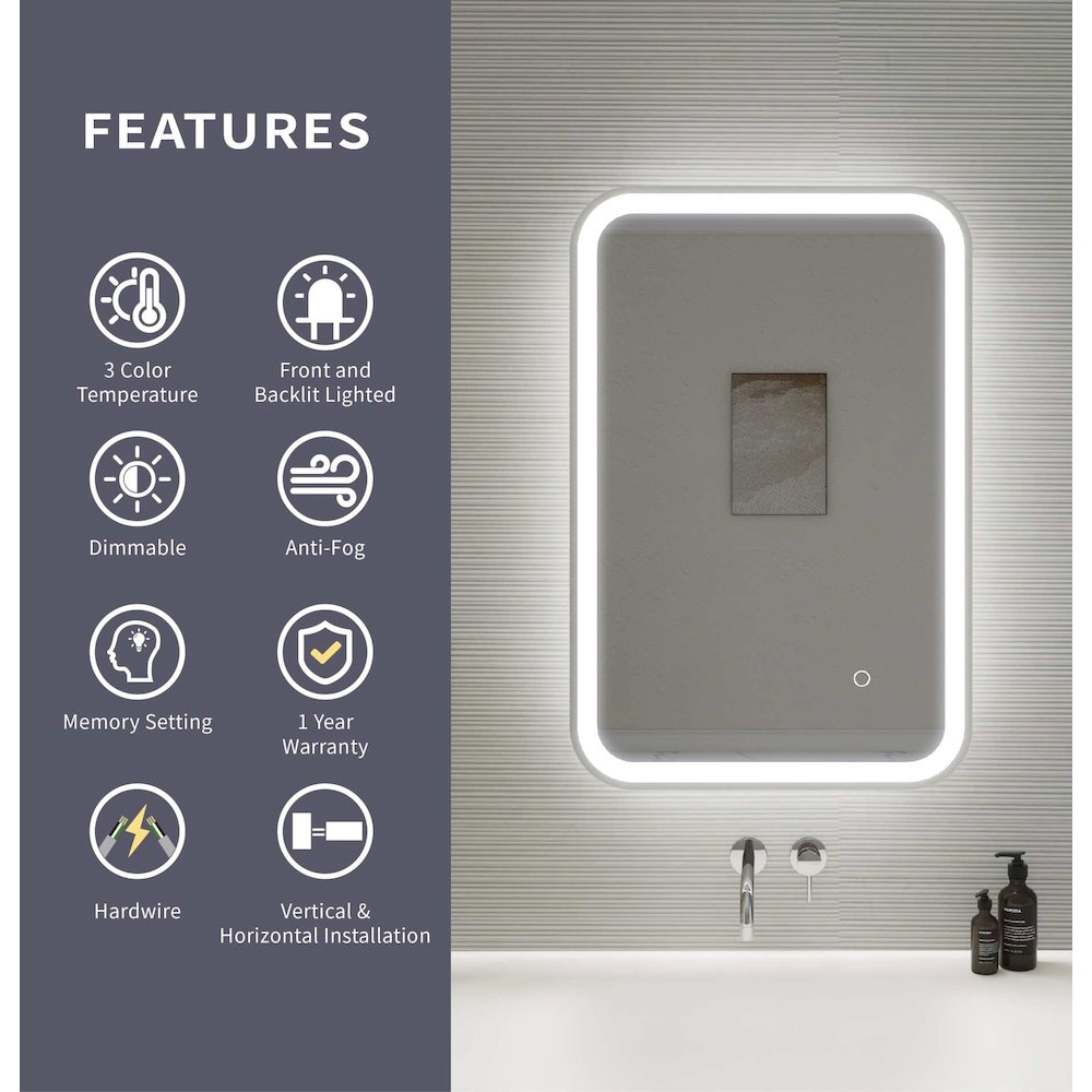 30 Inch Rectangle LED Front and Backlit Wall Mirror in Silver