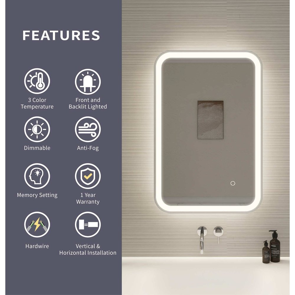30 Inch Rectangle LED Front and Backlit Wall Mirror in Silver
