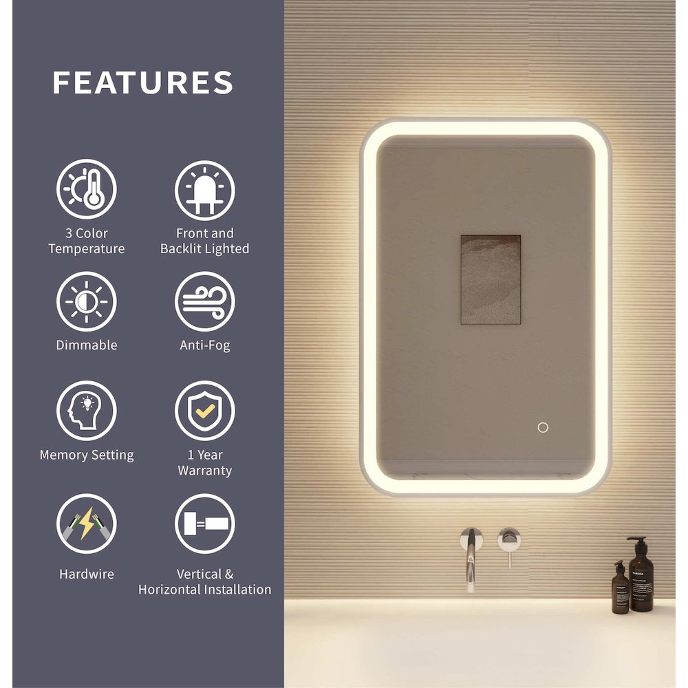 30 Inch Rectangle LED Front and Backlit Wall Mirror in Silver