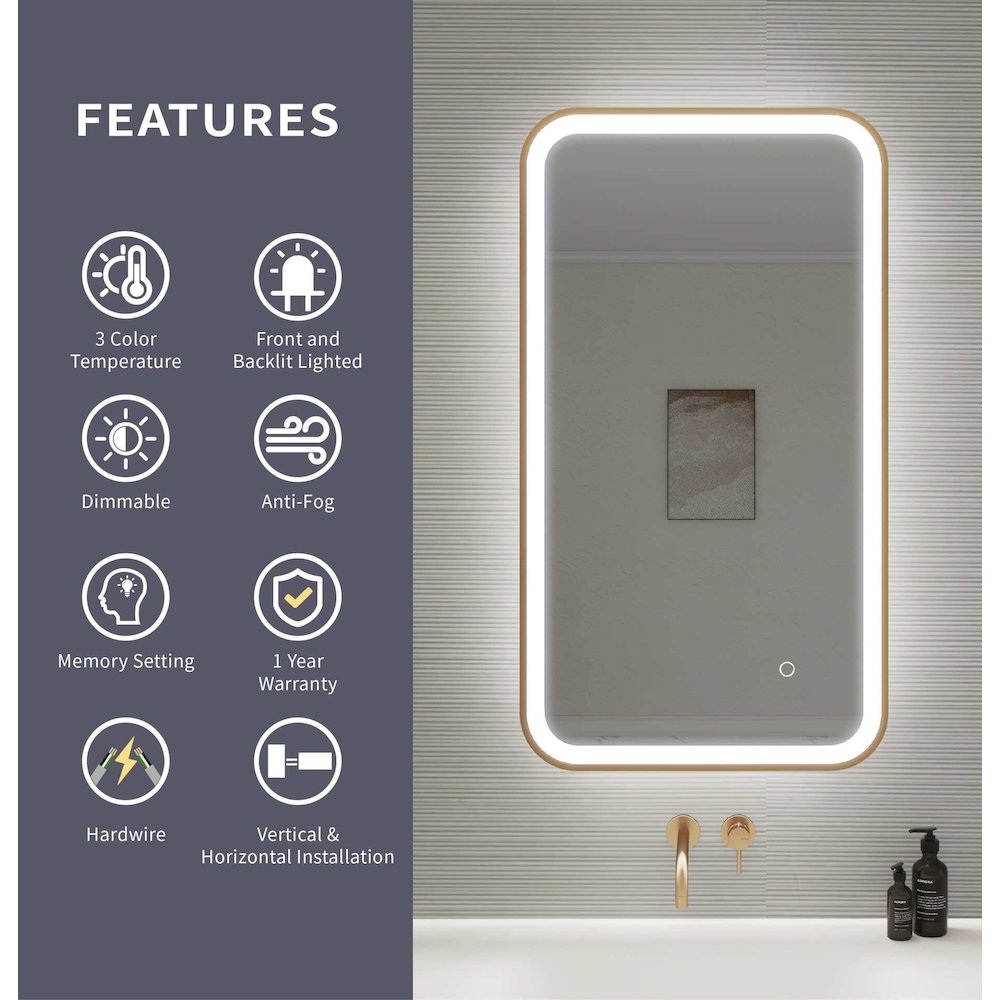 36 Inch Rectangle LED Front and Backlit Wall Mirror in Satin Gold