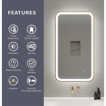 36 Inch Rectangle LED Front and Backlit Wall Mirror in Satin Gold