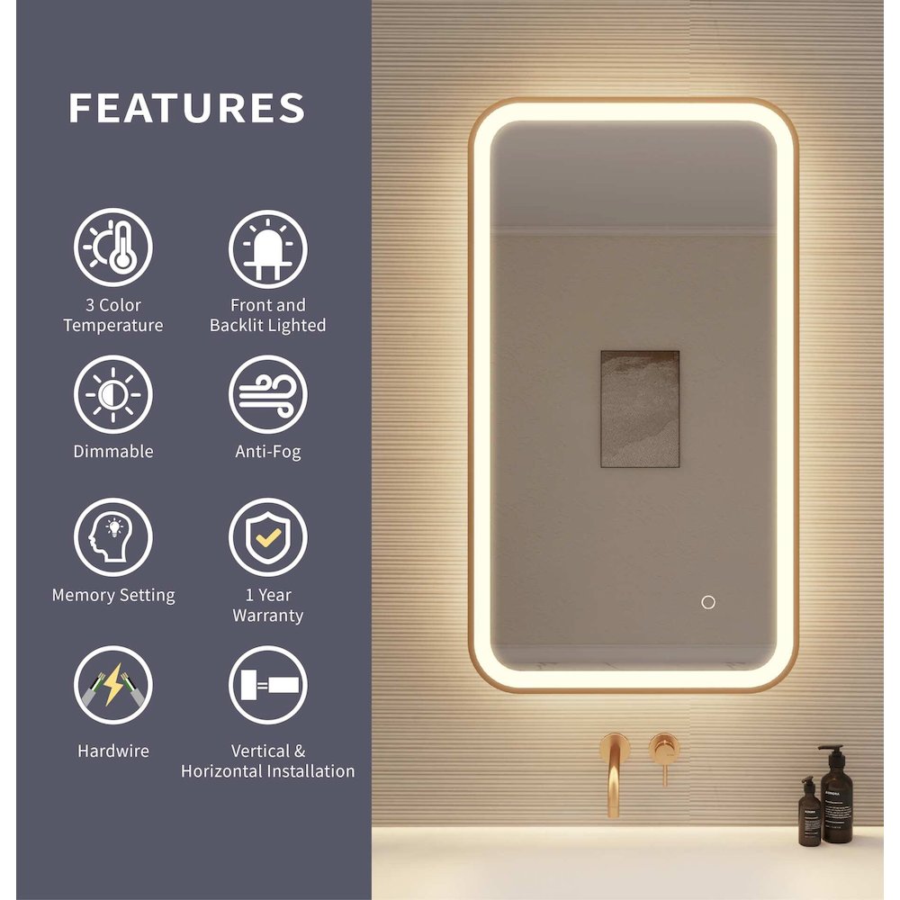 36 Inch Rectangle LED Front and Backlit Wall Mirror in Satin Gold