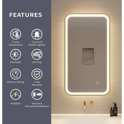 36 Inch Rectangle LED Front and Backlit Wall Mirror in Satin Gold