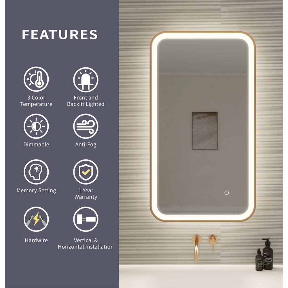 36 Inch Rectangle LED Front and Backlit Wall Mirror in Satin Gold