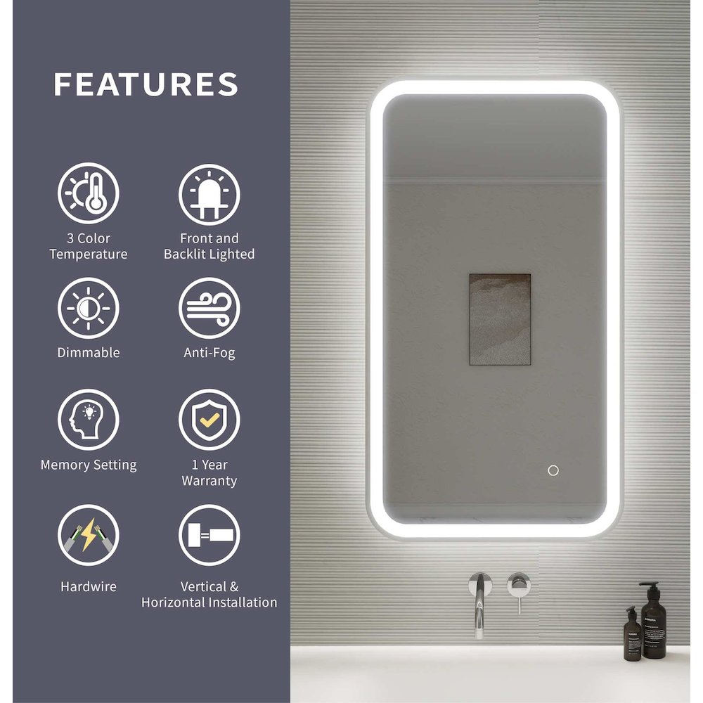 36 Inch Rectangle LED Front and Backlit Wall Mirror in Silver