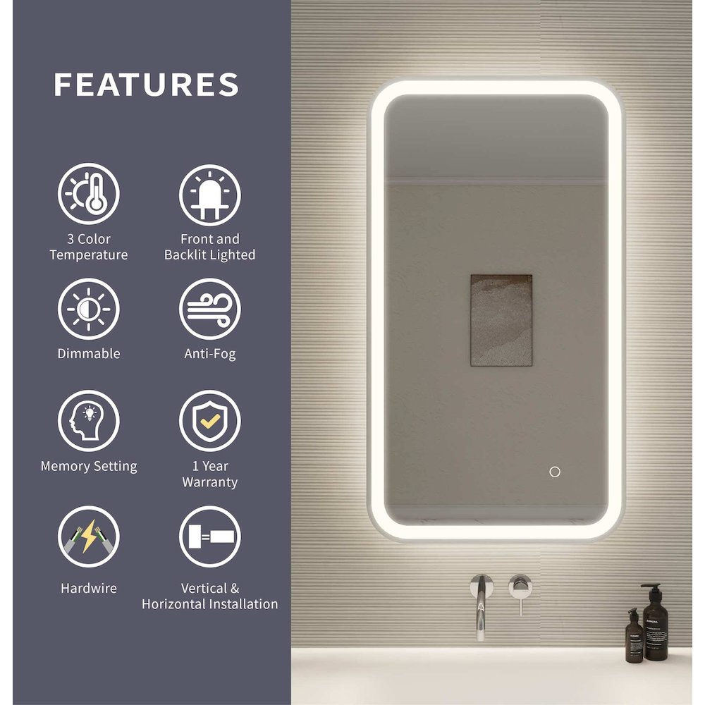 36 Inch Rectangle LED Front and Backlit Wall Mirror in Silver