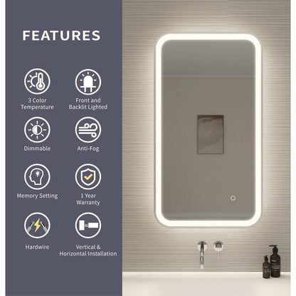 36 Inch Rectangle LED Front and Backlit Wall Mirror in Silver