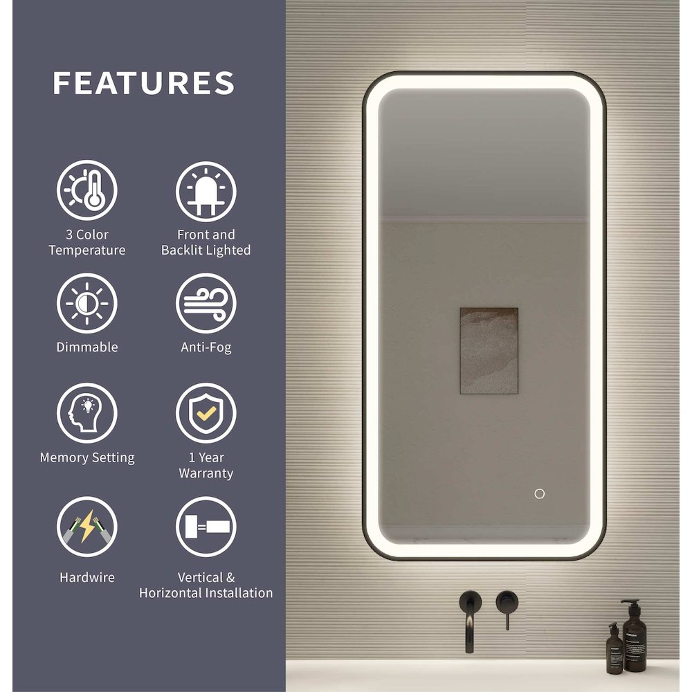 40 Inch Rectangle LED Front and Backlit Wall Mirror in Black