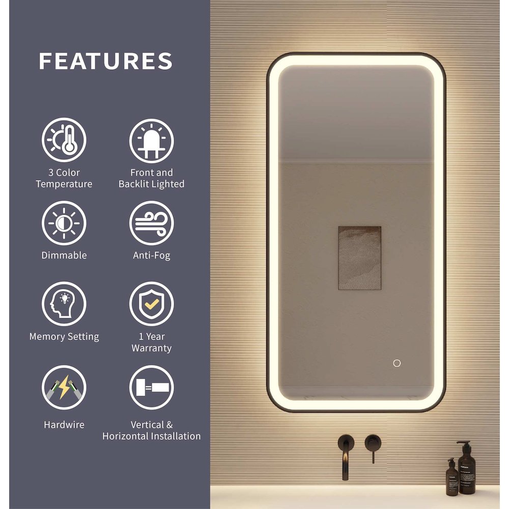 40 Inch Rectangle LED Front and Backlit Wall Mirror in Black