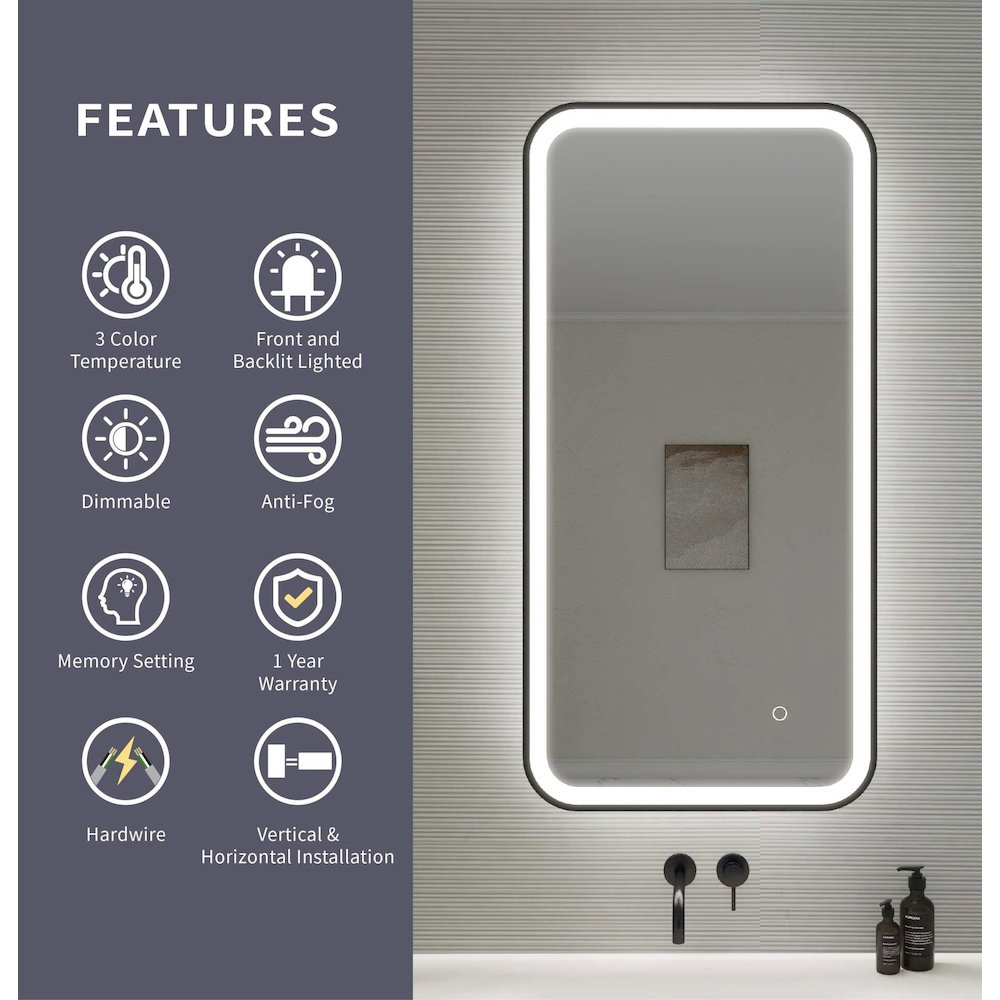 40 Inch Rectangle LED Front and Backlit Wall Mirror in Black