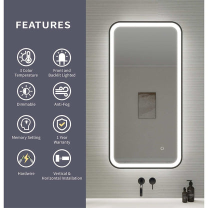 40 Inch Rectangle LED Front and Backlit Wall Mirror in Black