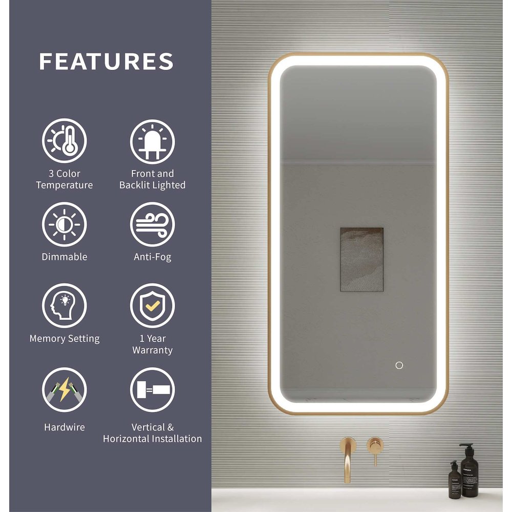 40 Inch Rectangle LED Front and Backlit Wall Mirror in Satin Gold