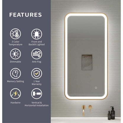 40 Inch Rectangle LED Front and Backlit Wall Mirror in Satin Gold