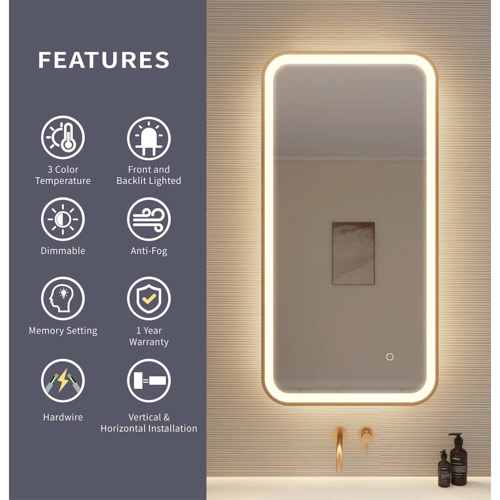 40 Inch Rectangle LED Front and Backlit Wall Mirror in Satin Gold