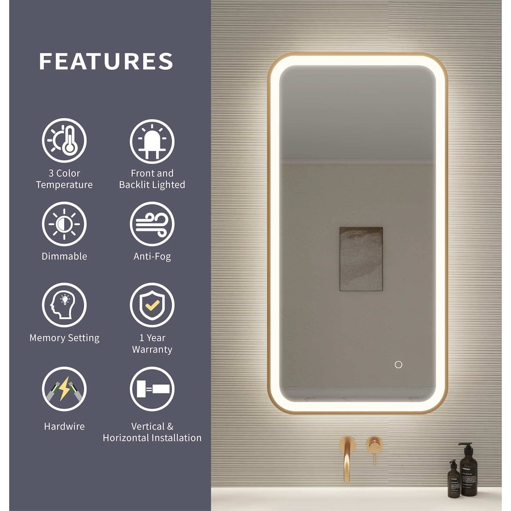 40 Inch Rectangle LED Front and Backlit Wall Mirror in Satin Gold