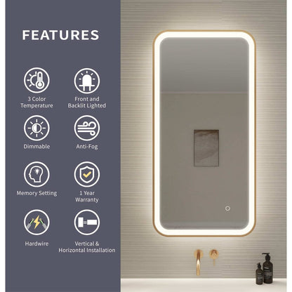 40 Inch Rectangle LED Front and Backlit Wall Mirror in Satin Gold