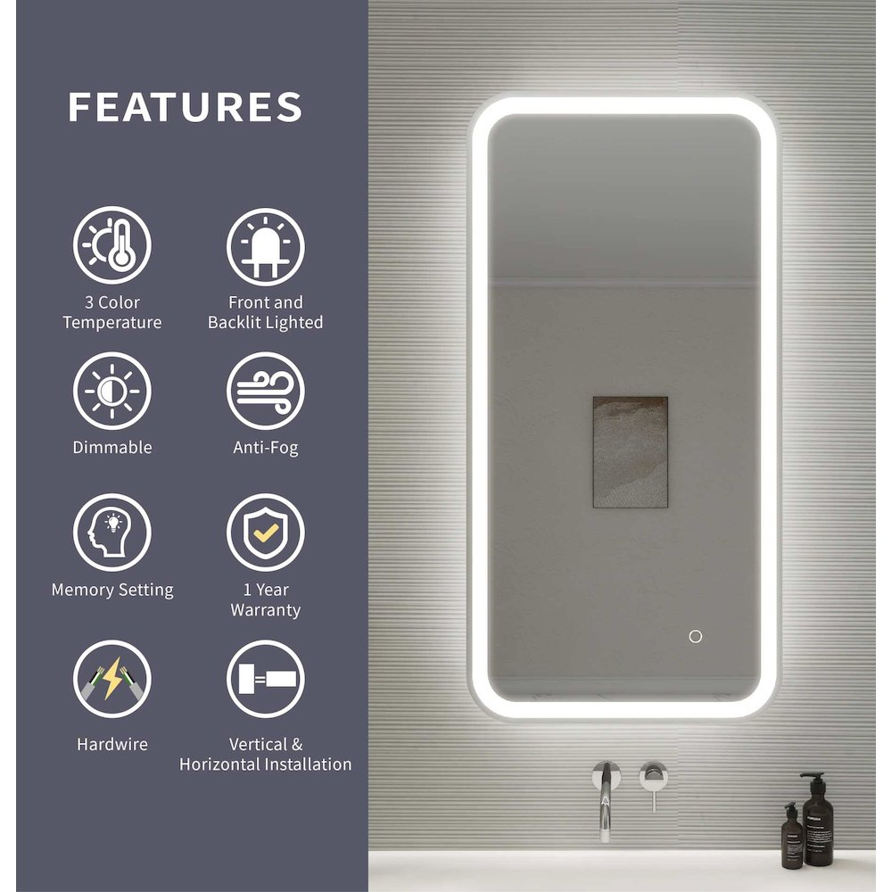 40 Inch Rectangle LED Front and Backlit Wall Mirror in Silver
