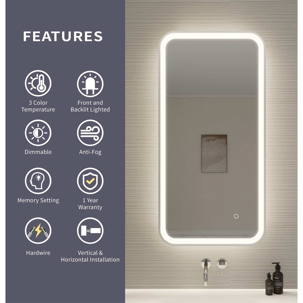40 Inch Rectangle LED Front and Backlit Wall Mirror in Silver