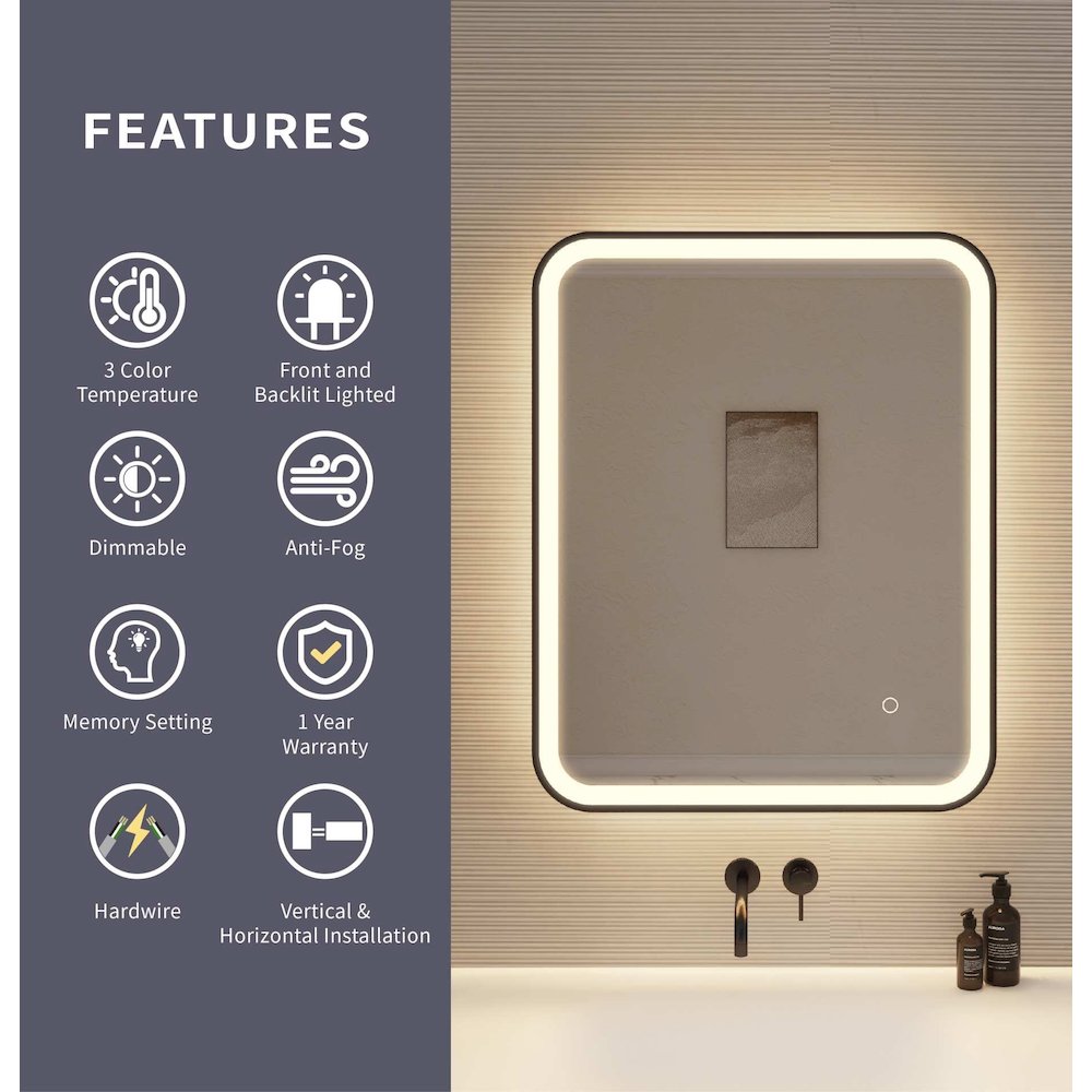 30 Inch Rectangle LED Front and Backlit Wall Mirror in Black