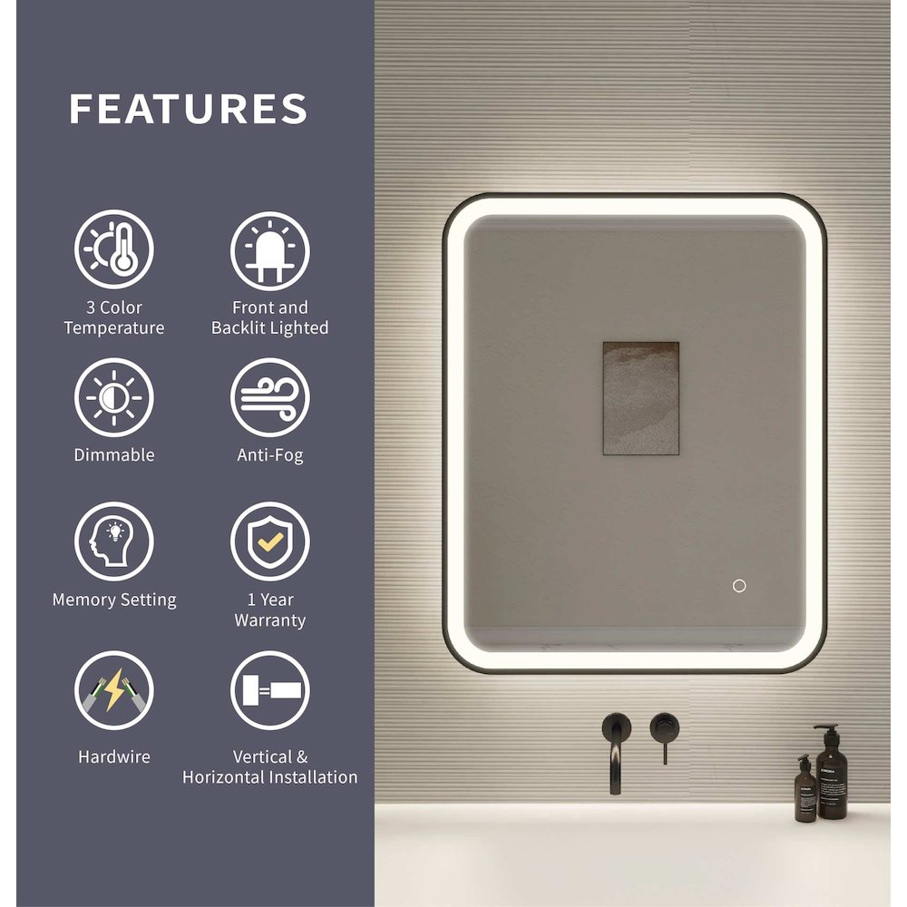 30 Inch Rectangle LED Front and Backlit Wall Mirror in Black
