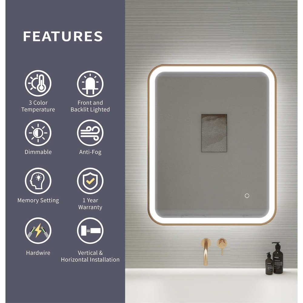 30 Inch Rectangle LED Front and Backlit Wall Mirror in Satin Gold