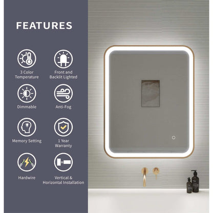 30 Inch Rectangle LED Front and Backlit Wall Mirror in Satin Gold
