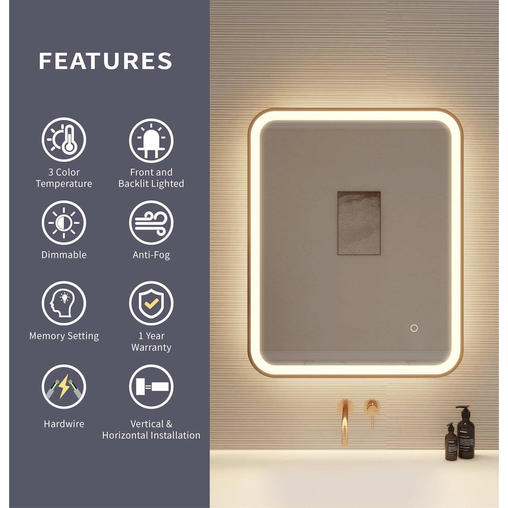 30 Inch Rectangle LED Front and Backlit Wall Mirror in Satin Gold