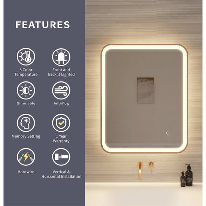 30 Inch Rectangle LED Front and Backlit Wall Mirror in Satin Gold
