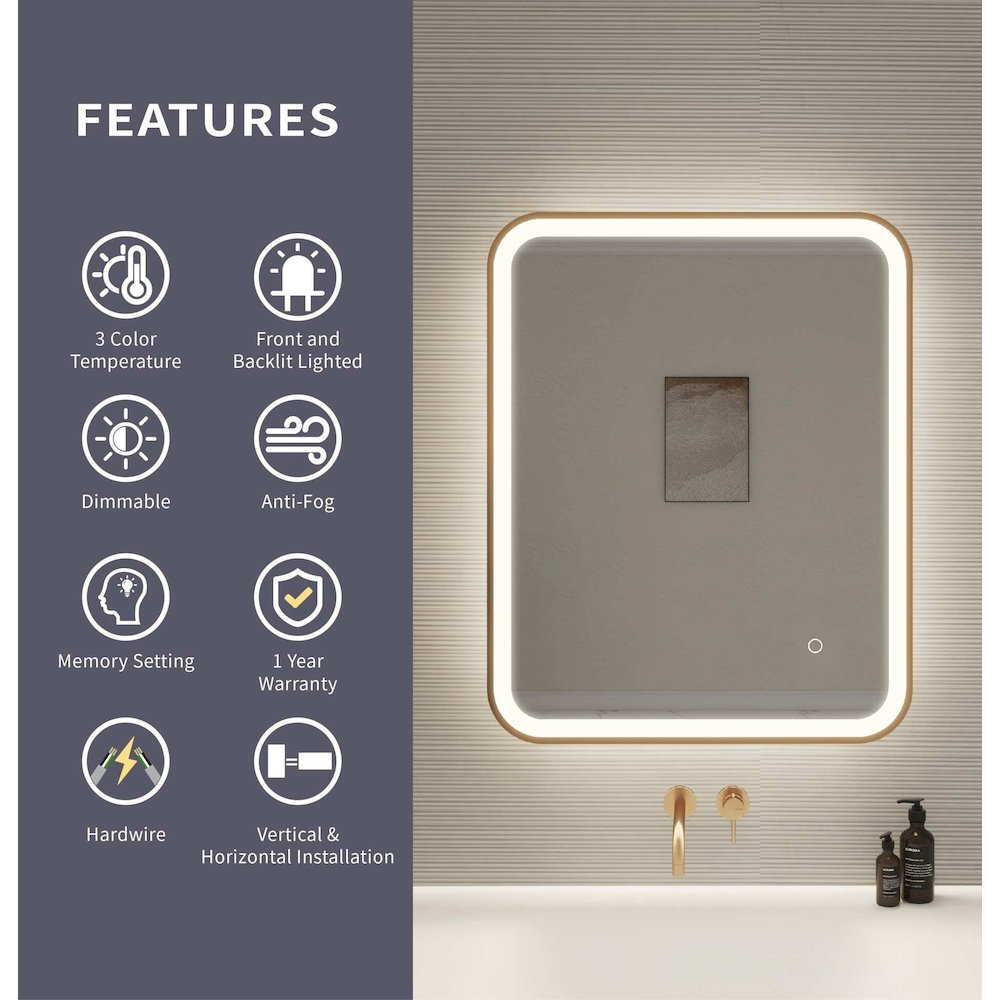 30 Inch Rectangle LED Front and Backlit Wall Mirror in Satin Gold