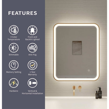 30 Inch Rectangle LED Front and Backlit Wall Mirror in Satin Gold
