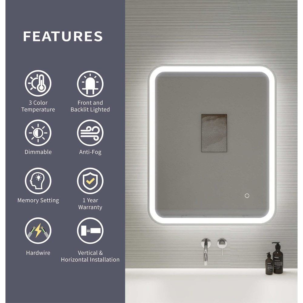 30 Inch Rectangle LED Front and Backlit Wall Mirror in Silver