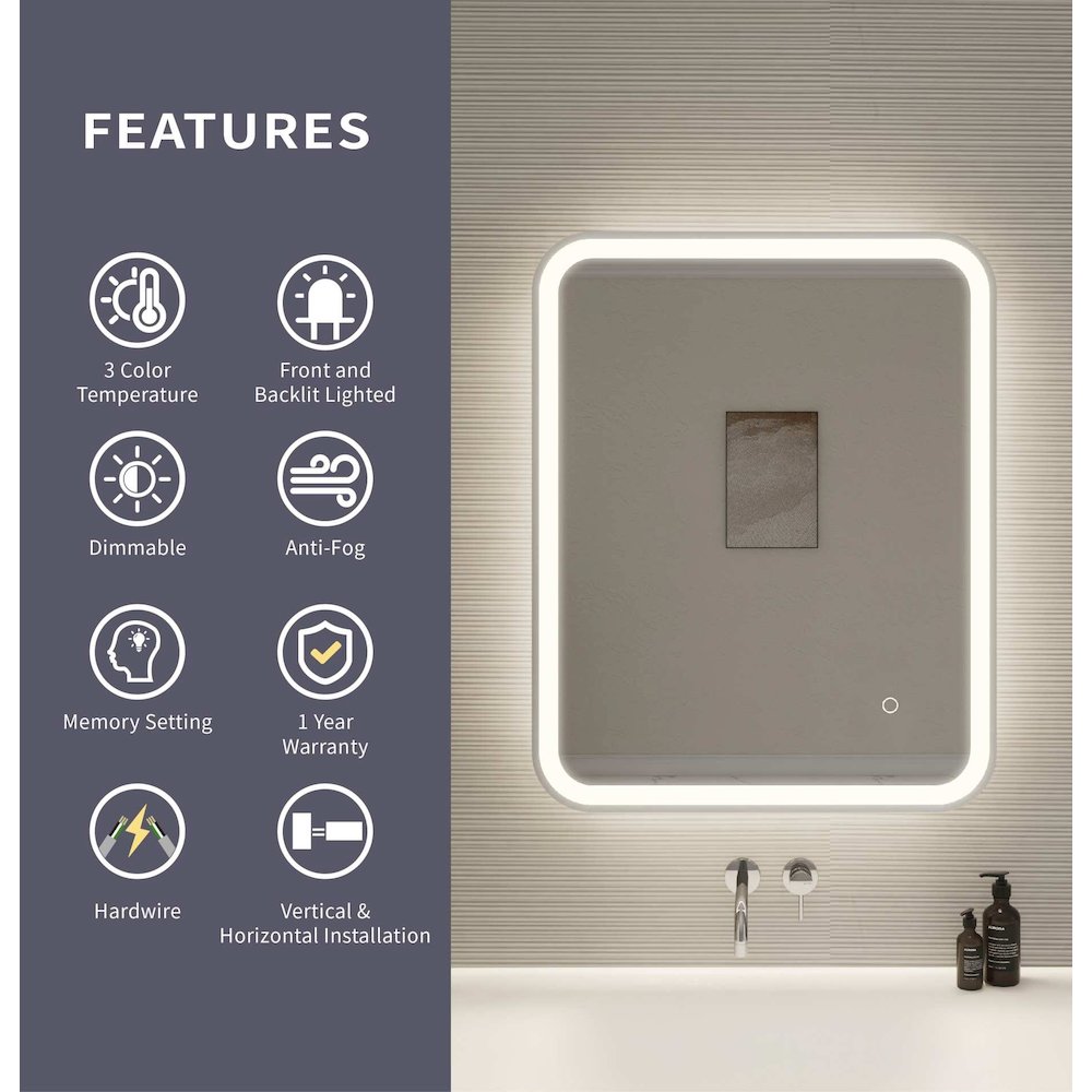 30 Inch Rectangle LED Front and Backlit Wall Mirror in Silver