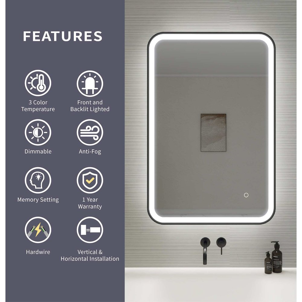 36 Inch Rectangle LED Front and Backlit Wall Mirror in Black