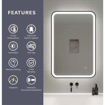36 Inch Rectangle LED Front and Backlit Wall Mirror in Black