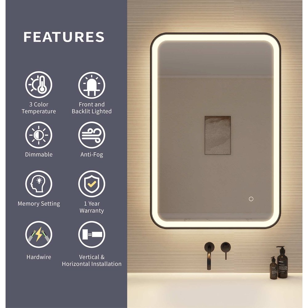 36 Inch Rectangle LED Front and Backlit Wall Mirror in Black