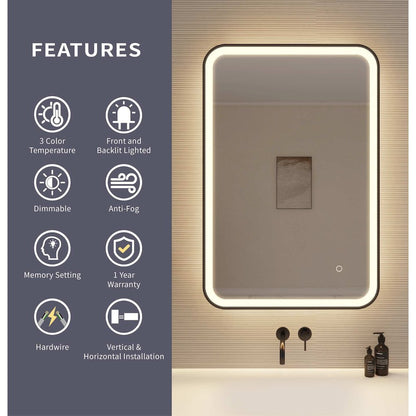 36 Inch Rectangle LED Front and Backlit Wall Mirror in Black