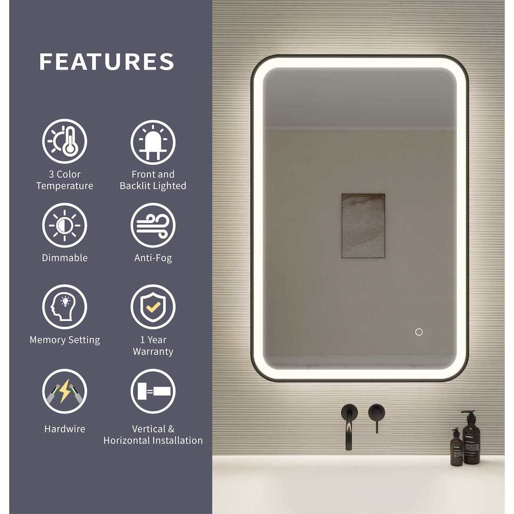 36 Inch Rectangle LED Front and Backlit Wall Mirror in Black