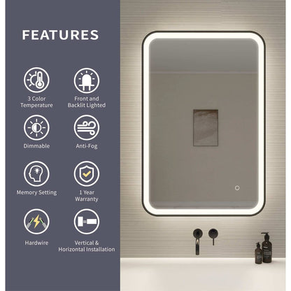 36 Inch Rectangle LED Front and Backlit Wall Mirror in Black
