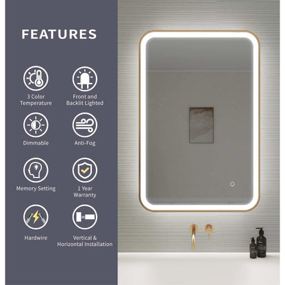 36 Inch Rectangle LED Front and Backlit Wall Mirror in Satin Gold