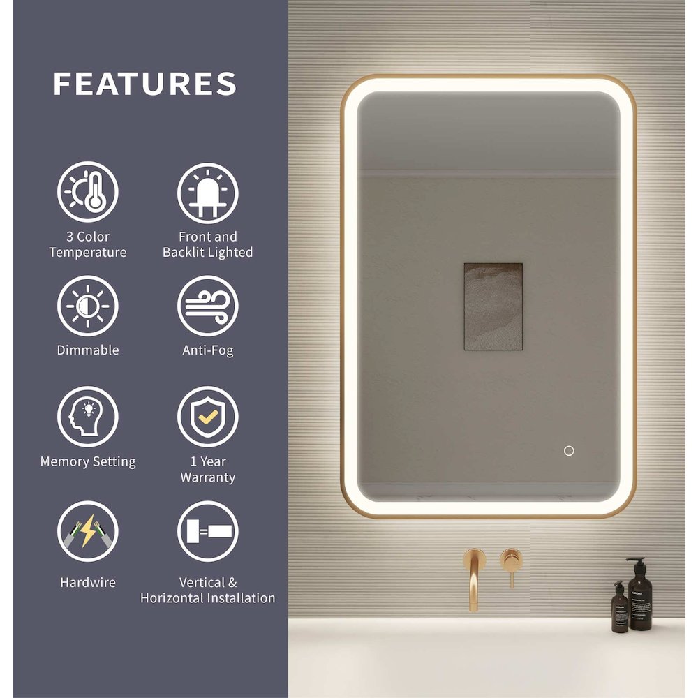36 Inch Rectangle LED Front and Backlit Wall Mirror in Satin Gold