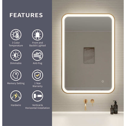 36 Inch Rectangle LED Front and Backlit Wall Mirror in Satin Gold